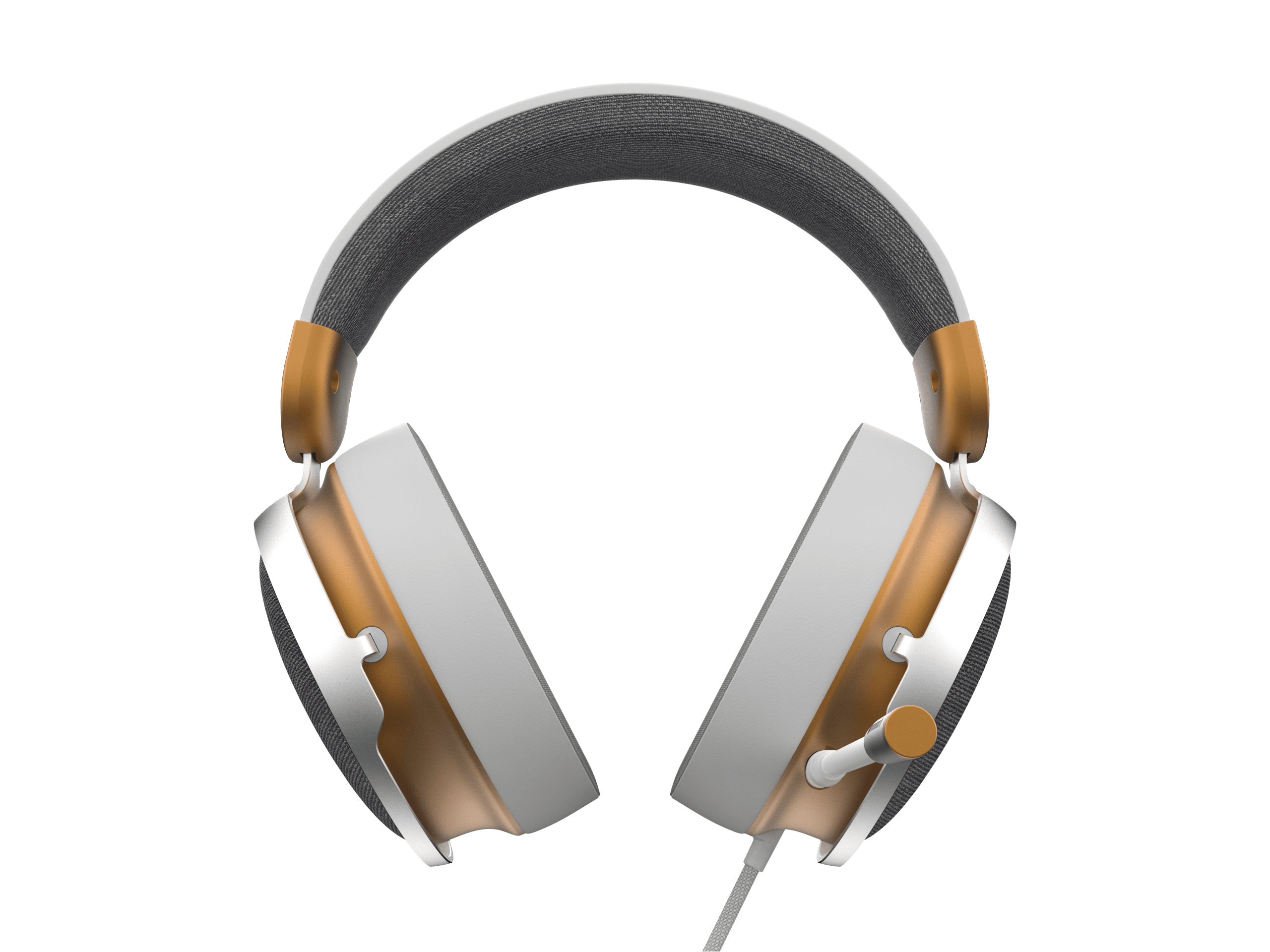 Over-Ear-Kopfhörer, weiß und gold, mit grauem Kopfband und Ohrmuscheln, auf schwarzem Hintergrund.