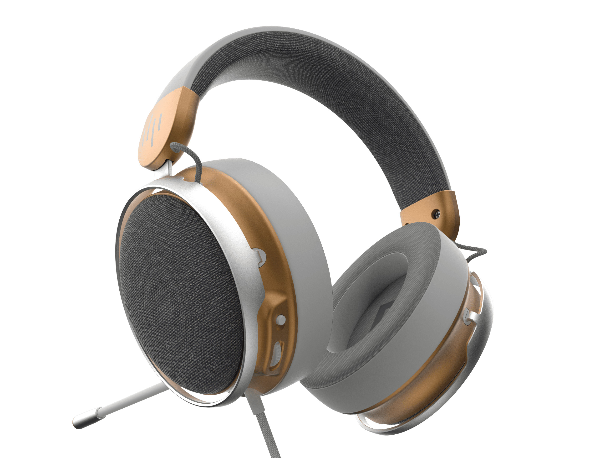 Over-Ear-Kopfhörer mit grauem und goldenem Farbschema. Das Mikrofon ist sichtbar.