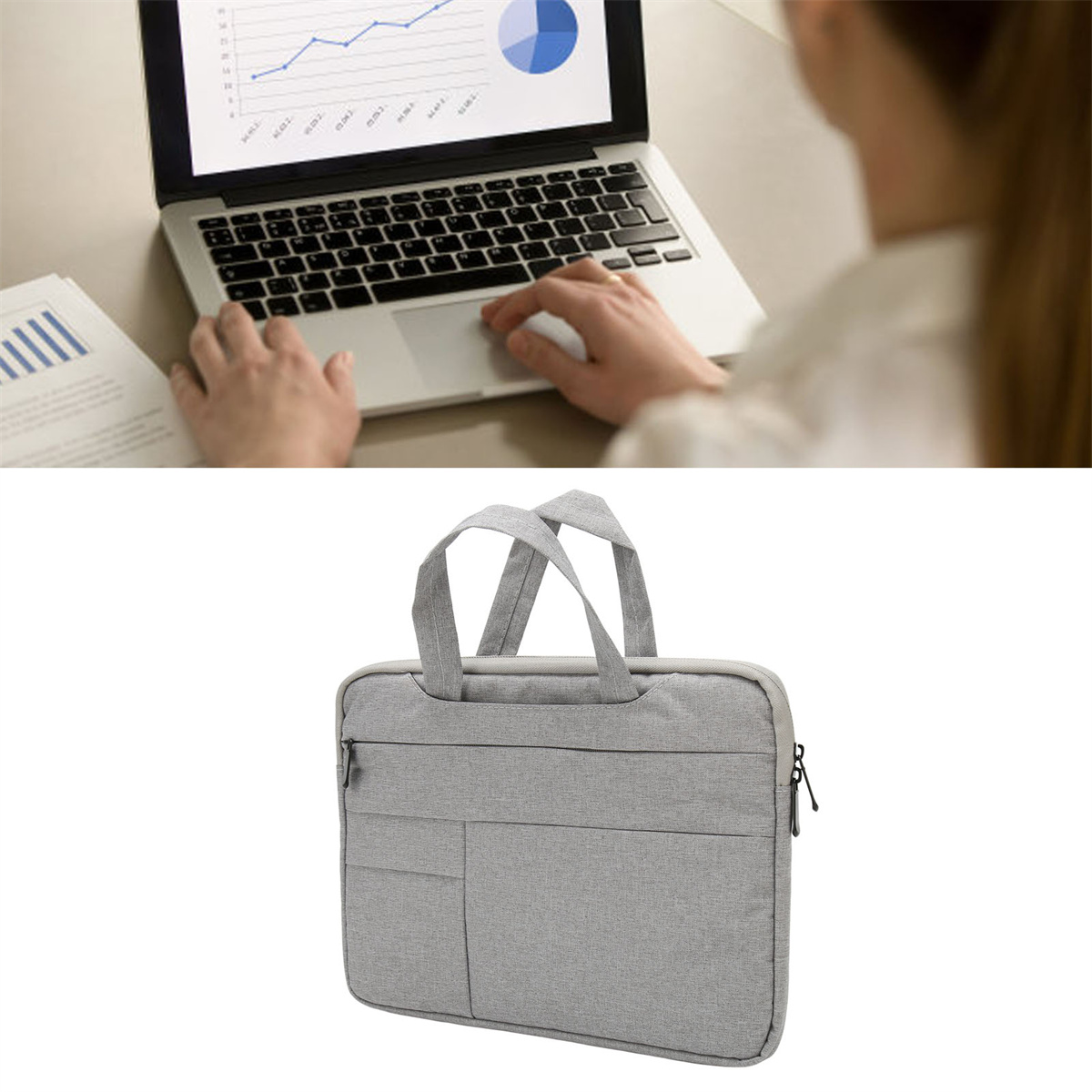 Person arbeitet an einem Laptop mit einer grauen Laptoptasche im Vordergrund.
