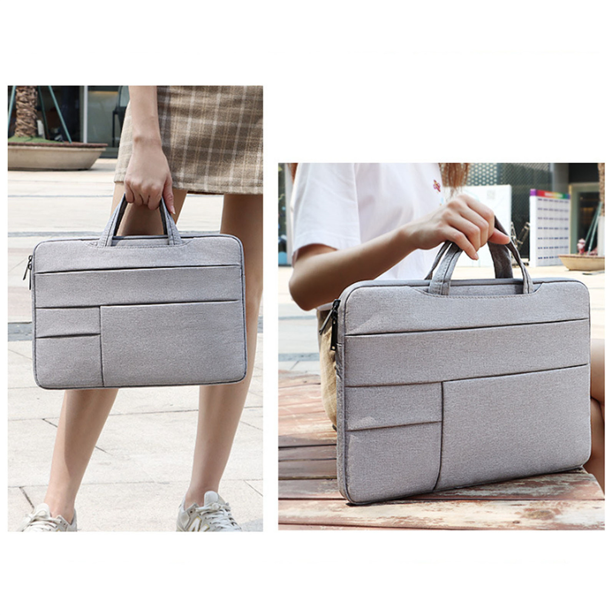 Zwei Bilder einer grauen Laptoptasche, die von Personen gehalten wird. Eine Person geht, die andere sitzt.