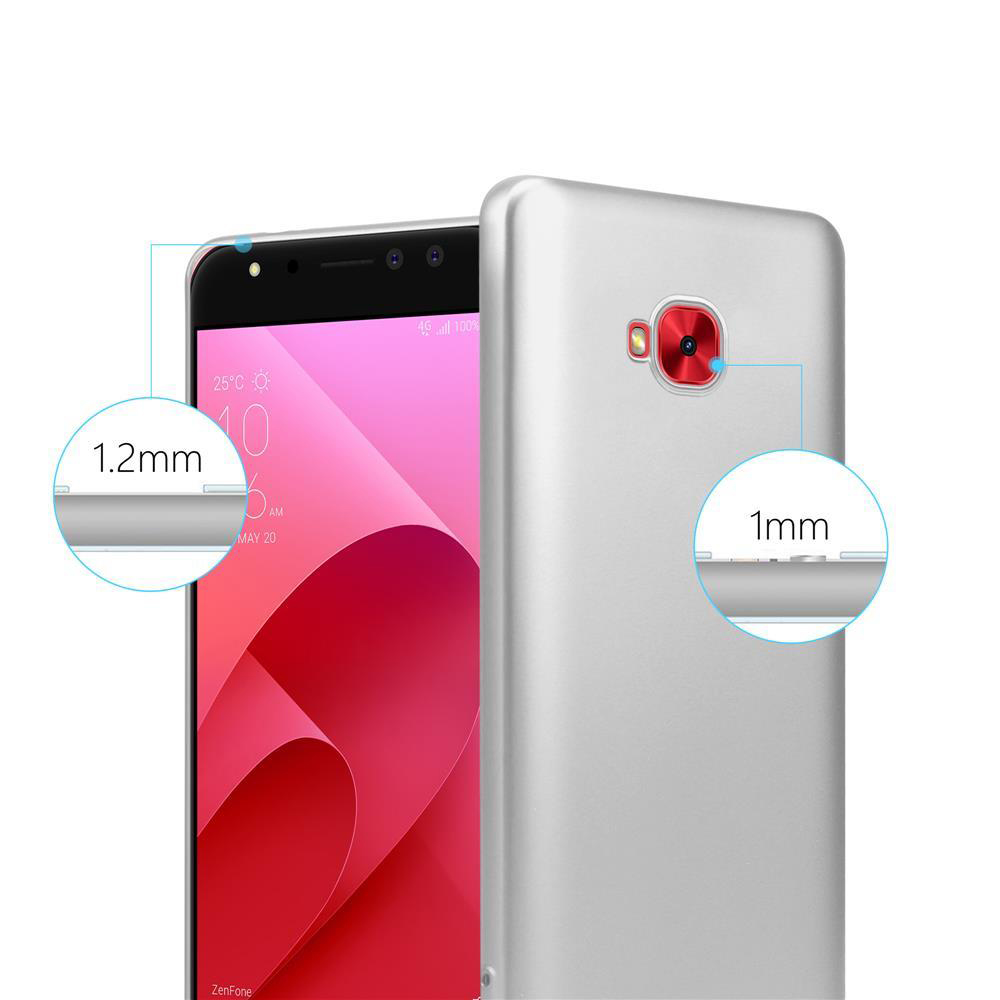 Telefon in rosa Hülle. Telefonbildschirm zeigt die Uhrzeit. Seitenansicht zeigt Dicke. Silbernes Telefon.