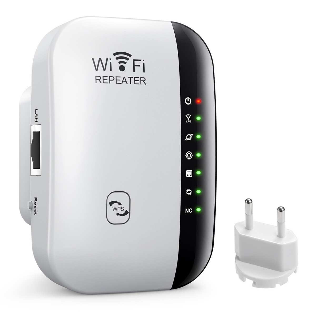 Ein weißer WLAN-Repeater mit schwarzem Streifen und Stecker. Er hat mehrere Kontrollleuchten.