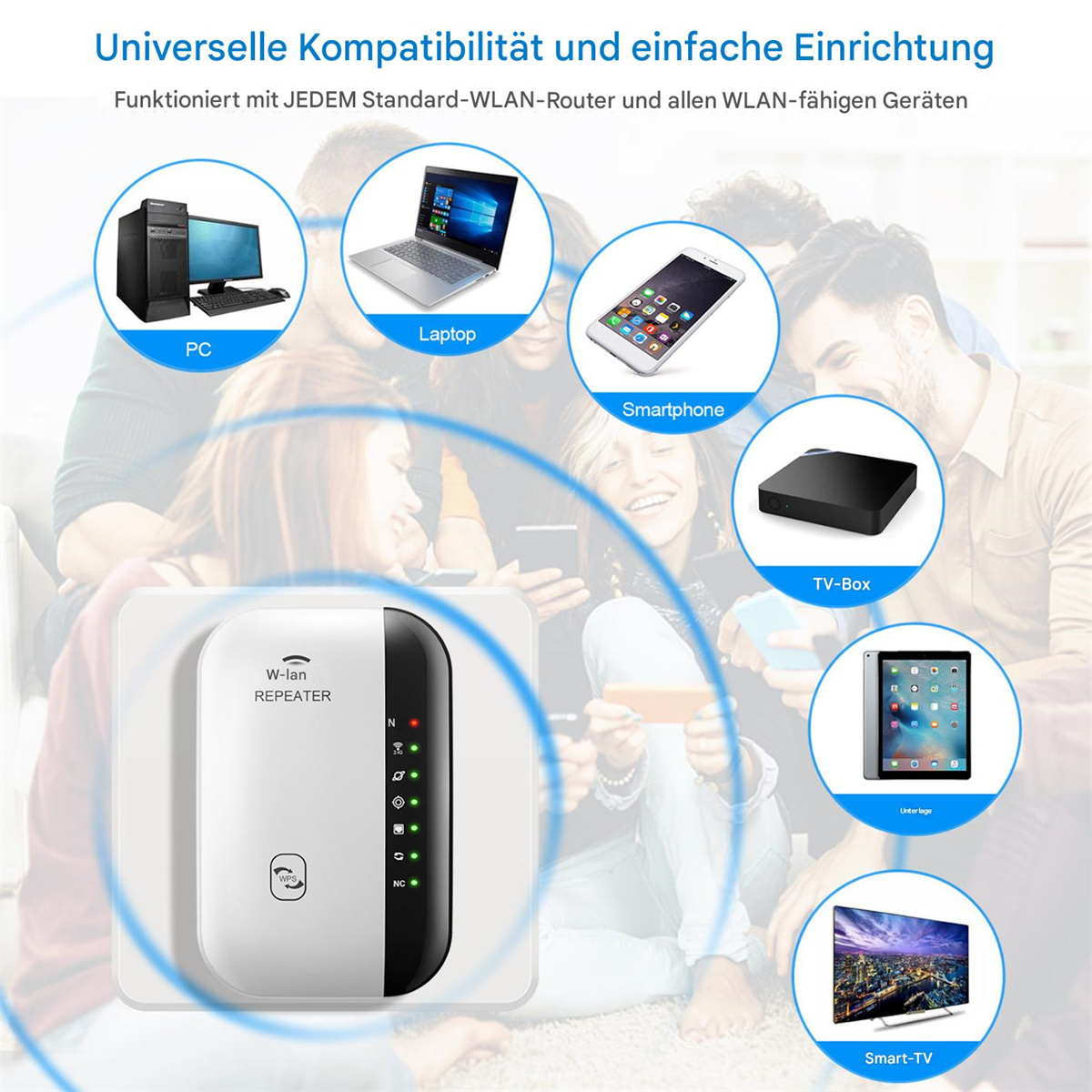 Ein Repeater ist von Bildern von Geräten wie Laptop, Telefon und Fernseher umgeben.