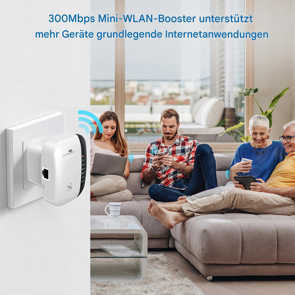 WLAN-Verlängerer mit Personen, die Geräte benutzen.