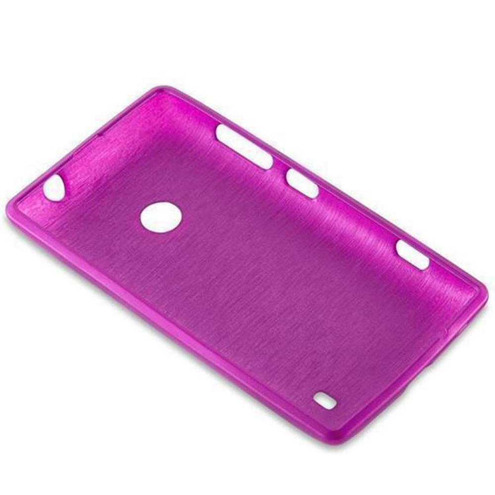 Una custodia per telefono viola. Ha ritagli per pulsanti e fotocamera.