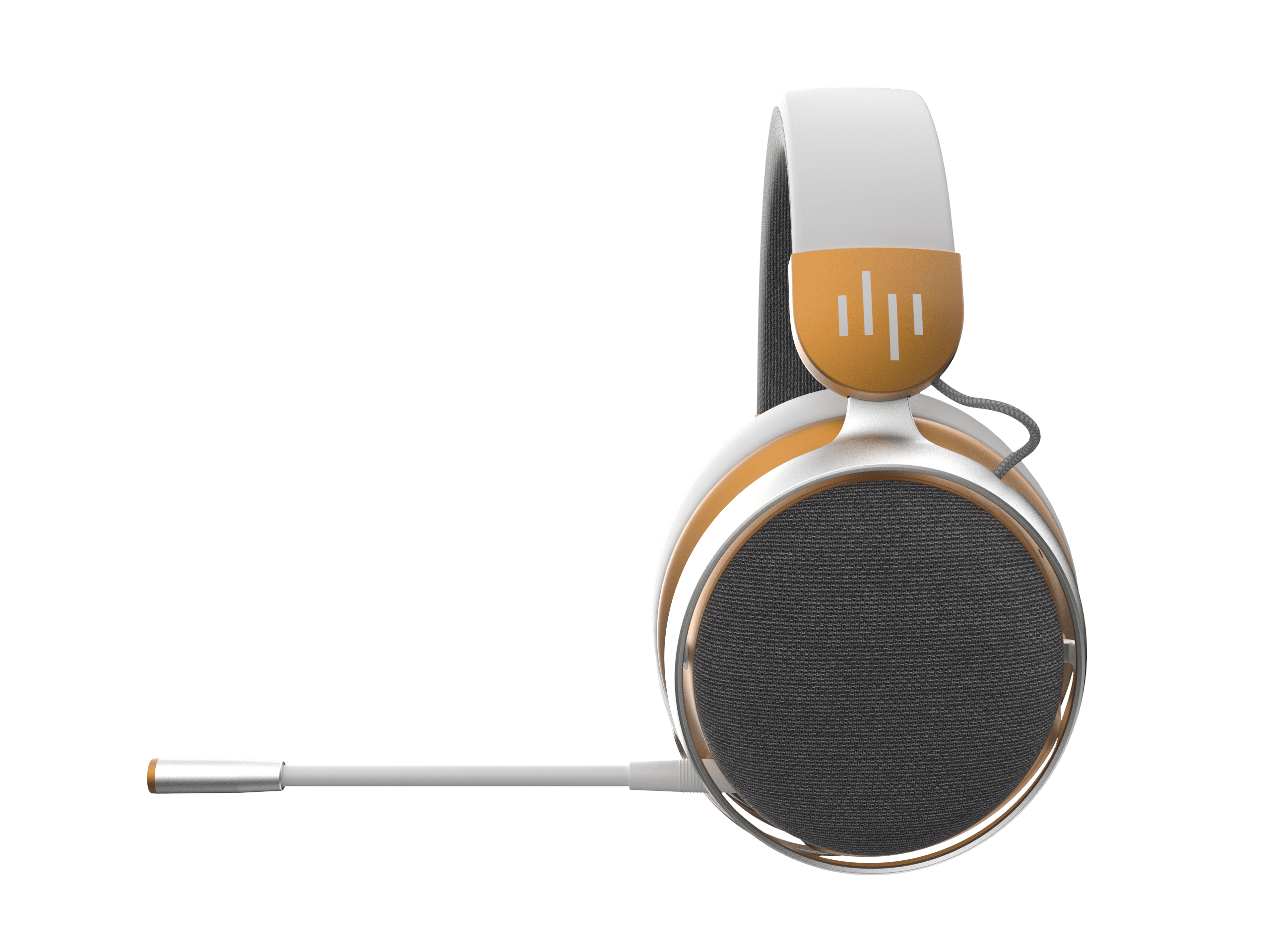 Headset mit Bügelmikrofon, in Gelb- und Weißtönen. Das Logo ist sichtbar.