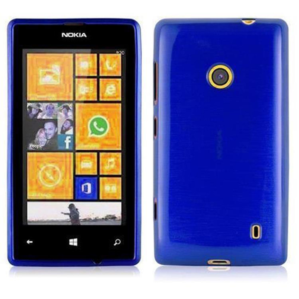 Telefono Nokia blu, anteriore e posteriore. Visualizzazione di icone.