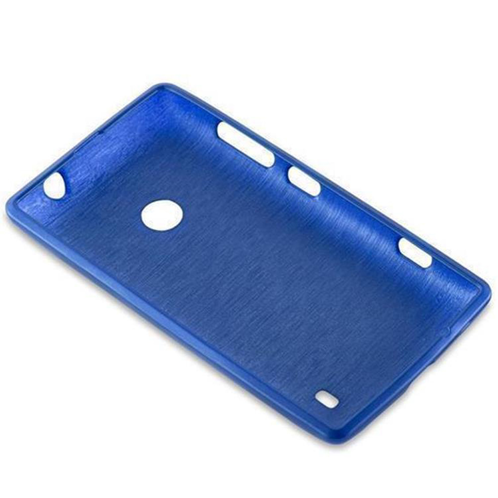 Una custodia blu per telefono con fori per la fotocamera e altre funzioni. È ad angolo.