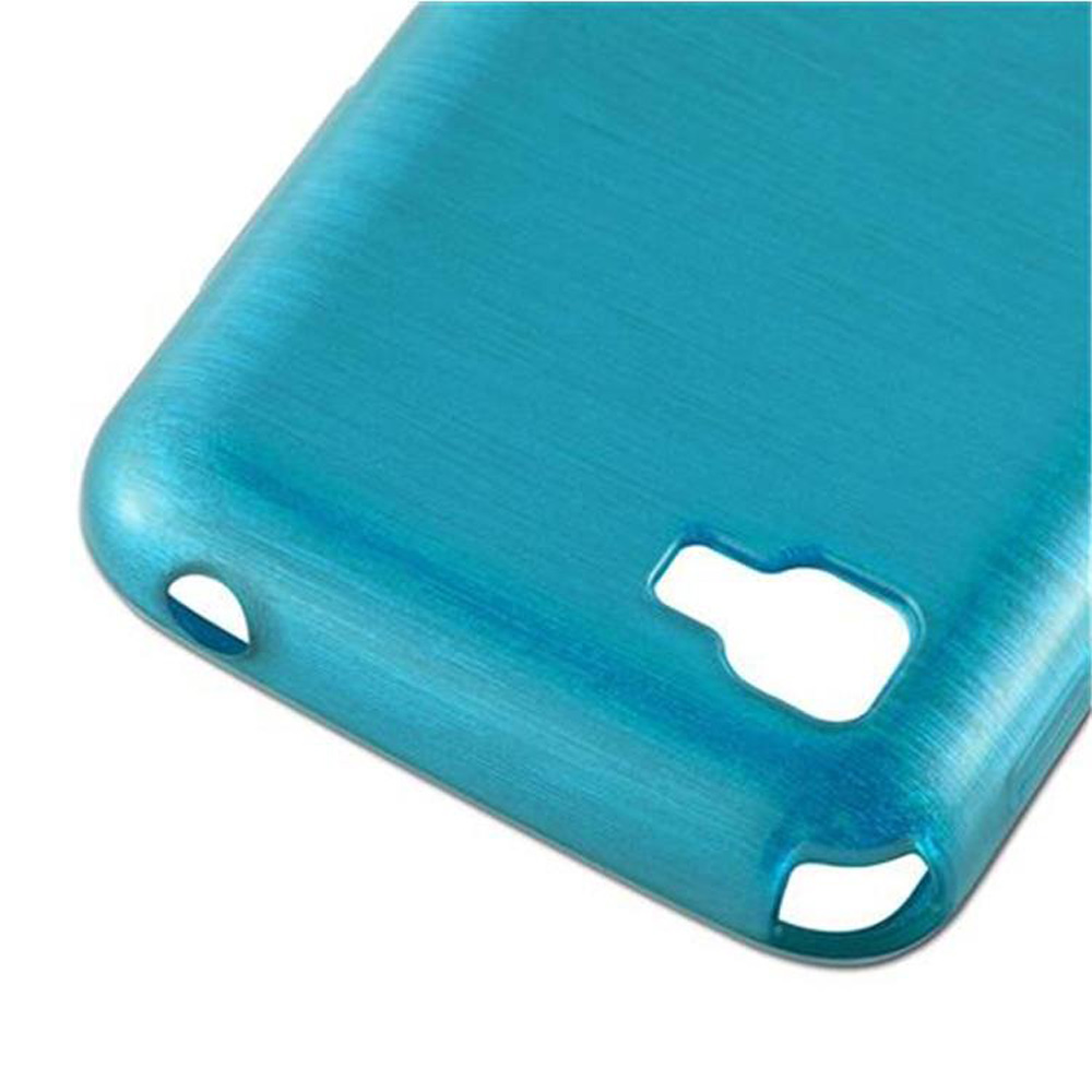 Un primo piano di una custodia blu per telefono con una superficie strutturata.
