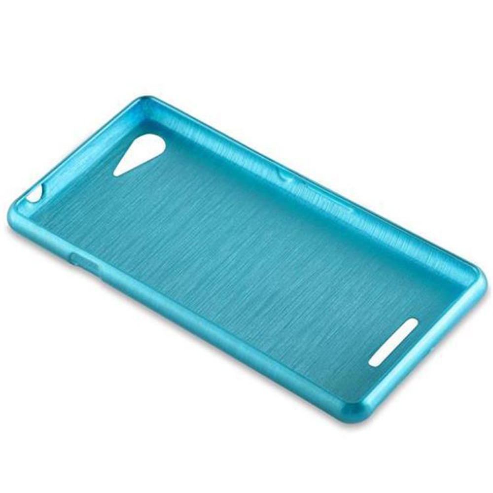 Funda azul para teléfono. Es una funda rígida con recortes para botones y puertos.