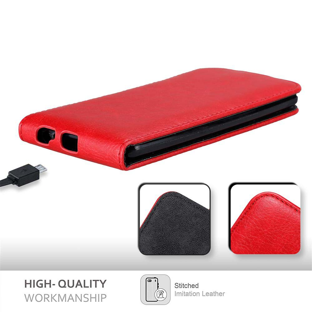 Rote Handyhülle mit schwarzem Innenraum. USB-Kabel und kleine Bilder. HIGH-QUALITY WORKMANSHIP Text.