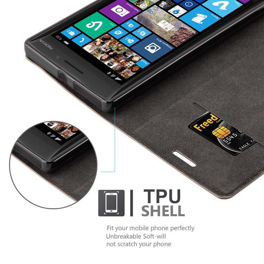 Teléfono Nokia en una funda gris oscuro. La pantalla muestra aplicaciones. La funda tiene una ranura para tarjetas.