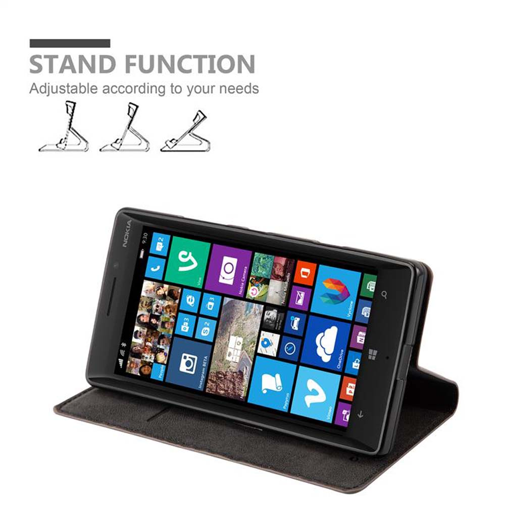 Un teléfono en un estuche está apoyado. La pantalla muestra iconos. Arriba, 'STAND FUNCTION' y diagramas de soportes.