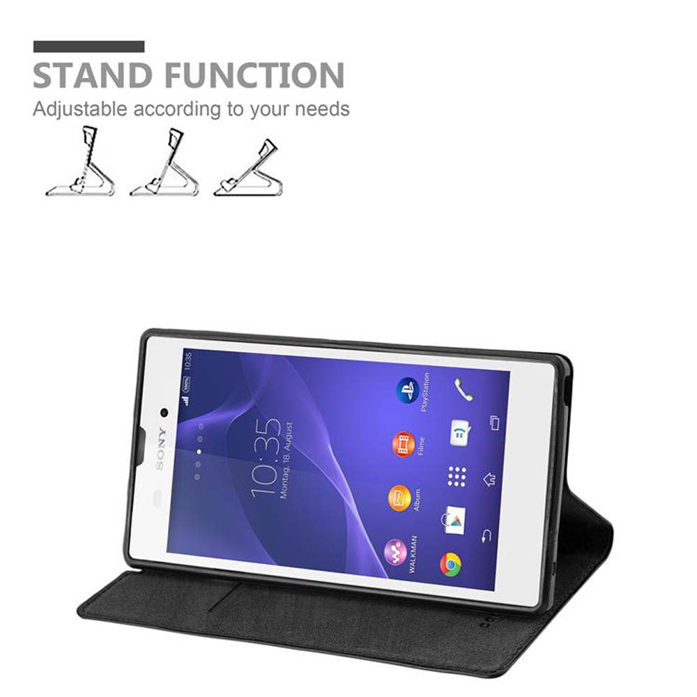 Ein schwarzes Tablet in einer schwarzen Hülle wird offen ausgestellt und steht aufrecht. Text lautet 'Standfunktion'.