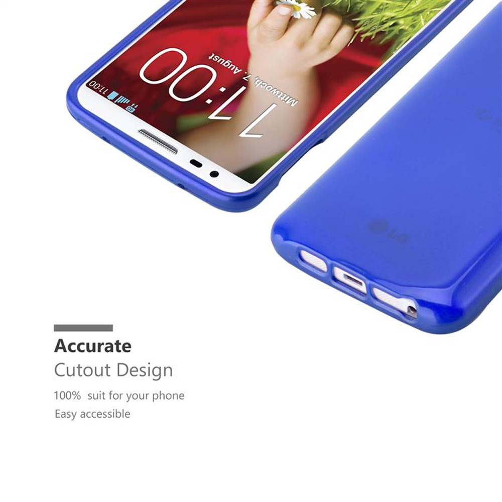 Funda y teléfono azules, primer plano. El texto dice: Diseño de recorte preciso.