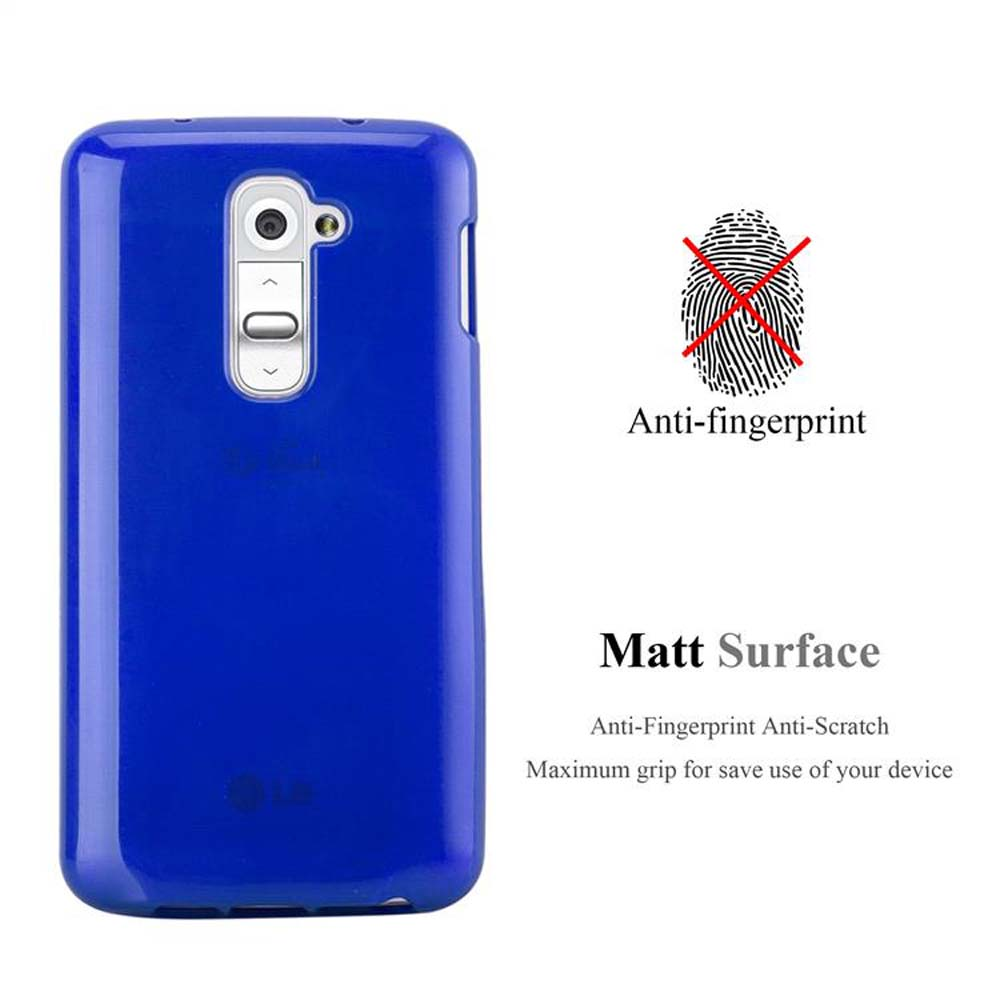 Funda de teléfono azul con superficie antihuellas y mate. Texto: Antihuellas, Superficie mate.