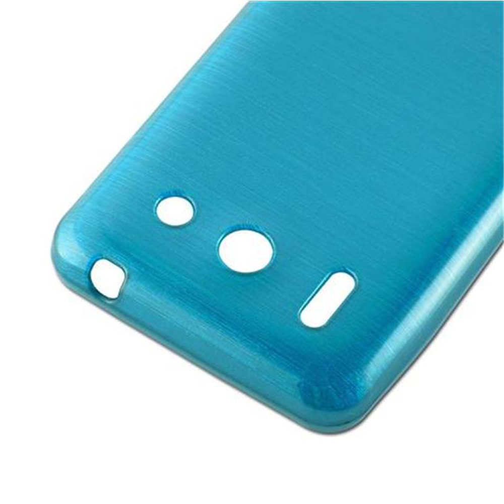 Primo piano del retro di un telefono turchese. Ha tre fori.