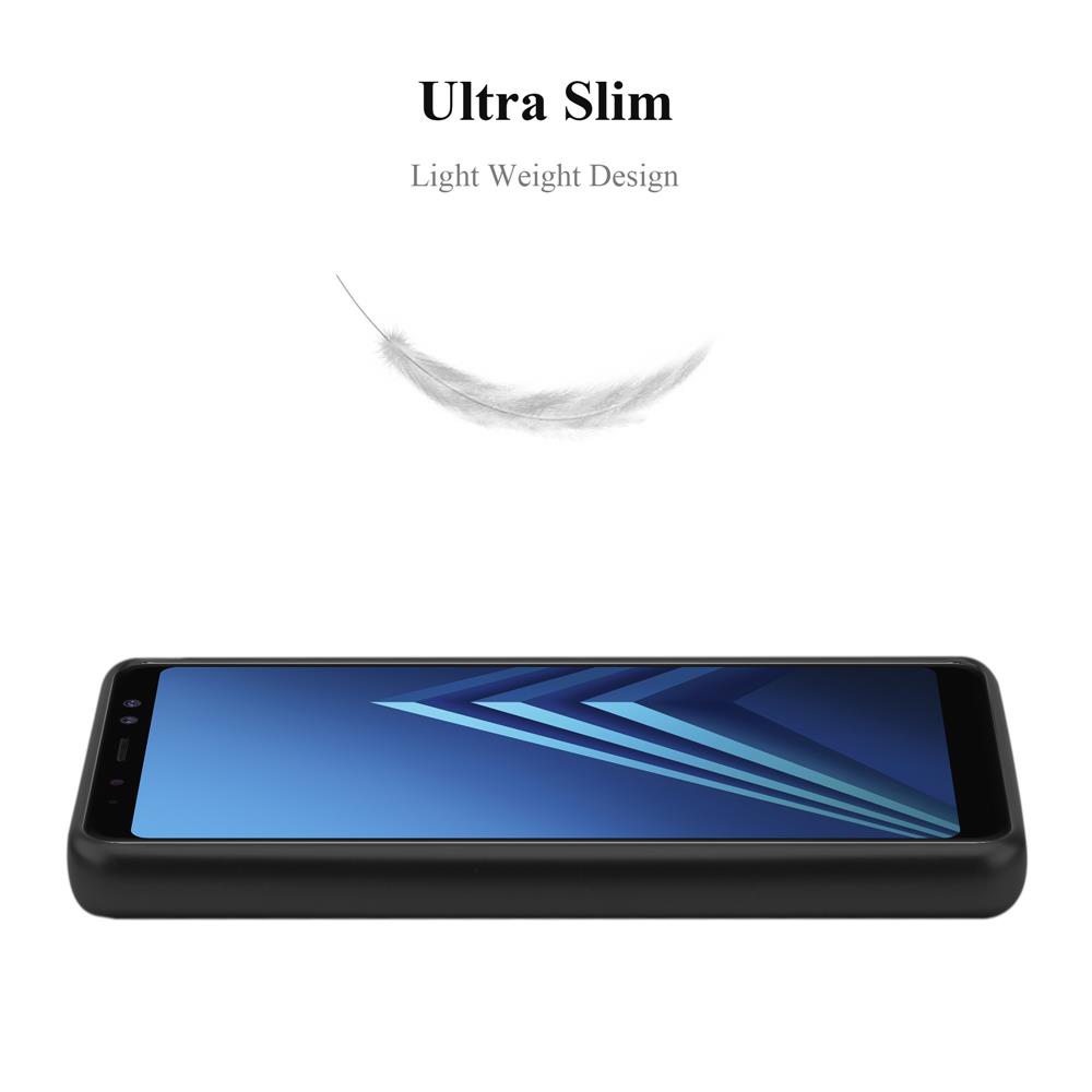 Schwarzes Telefon in einer Hülle. Weiße Feder fällt. Text: Ultra Slim, Leichtes Design.
