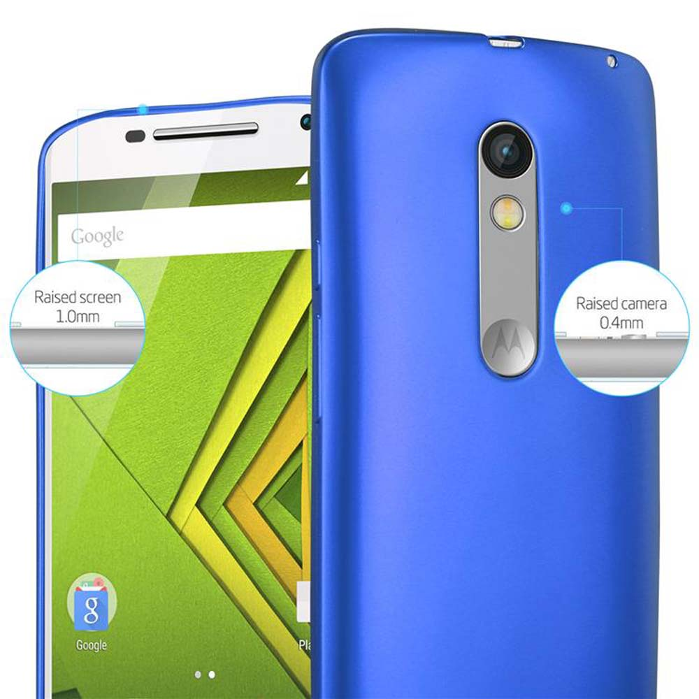 Blaue Handyhülle mit Telefon darin. Das Telefon ist sichtbar. Erhöhter Bildschirm und Kamera.