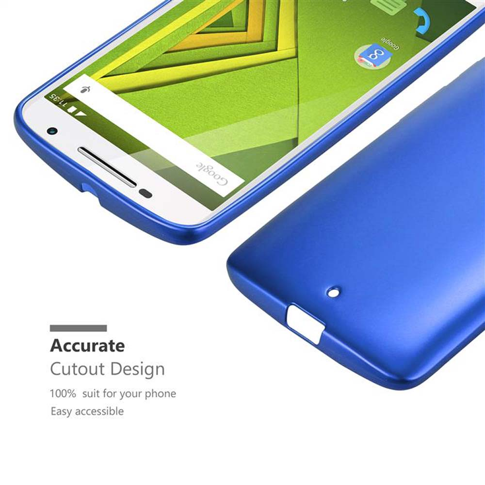 Telefon in blauer Hülle. Der Bildschirm wird angezeigt. Die Hülle bedeckt das Telefon. Weißer Hintergrund.