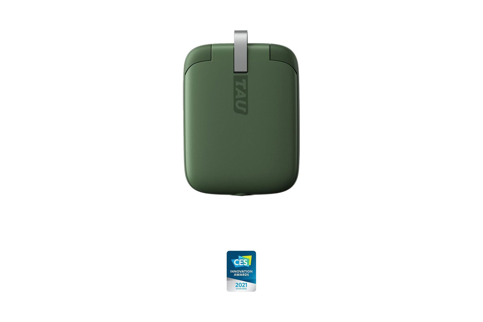 Groene TAU-oplader op witte achtergrond met CES Innovation Award-badge.