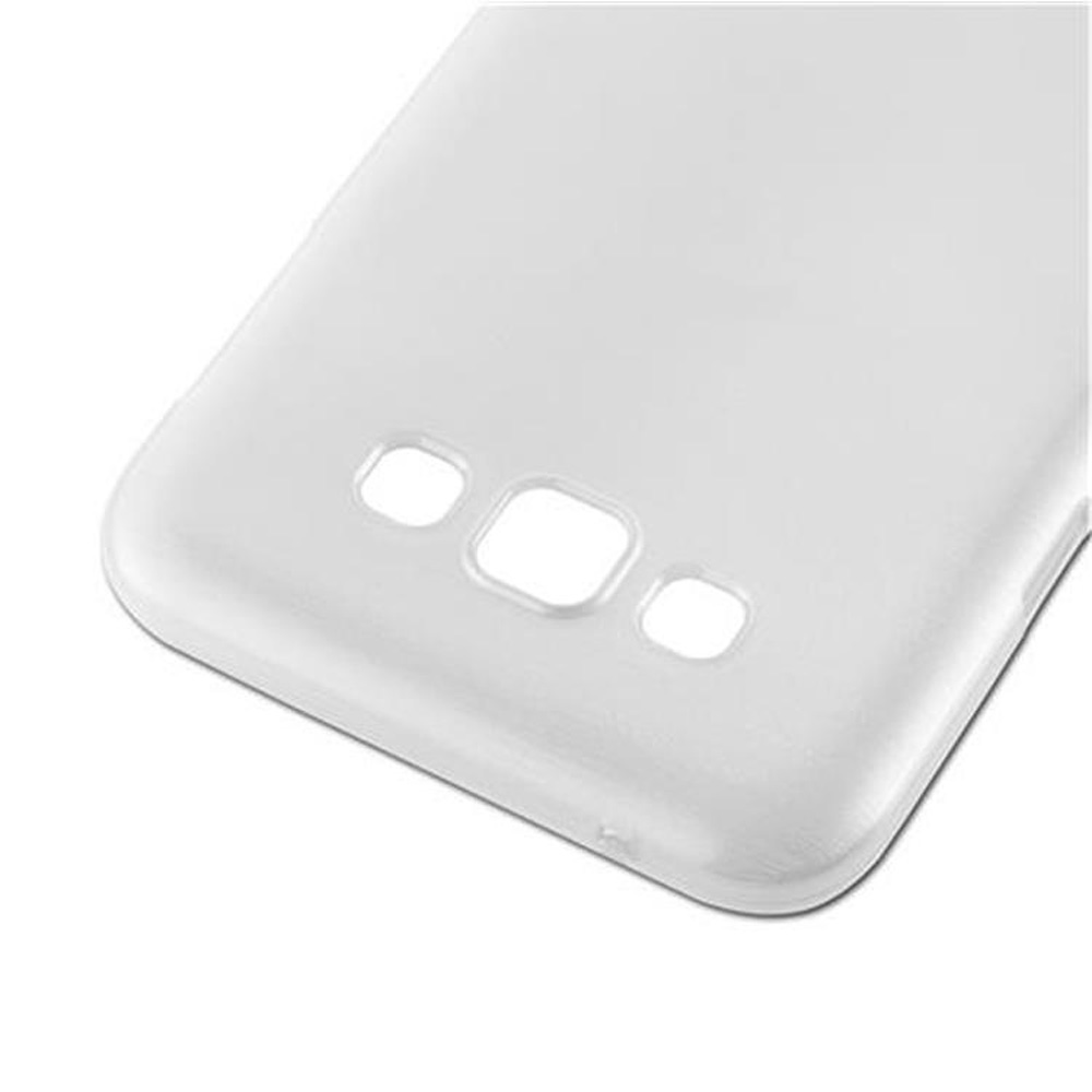 Cover posteriore bianca per telefono con fori per fotocamera e pulsanti. È una custodia trasparente.