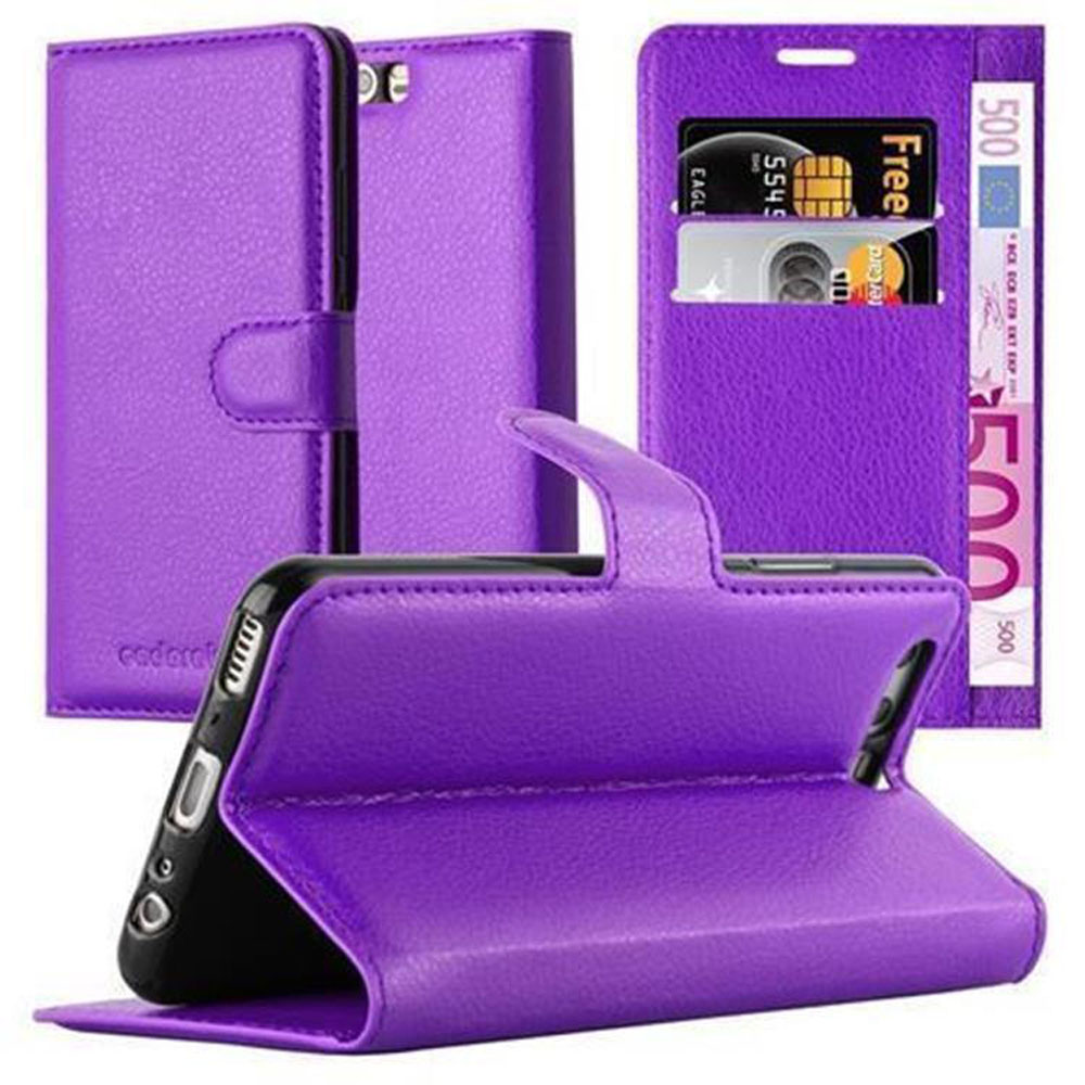 Custodia viola per telefono con carte e denaro. La custodia è aperta, mostrando un telefono.
