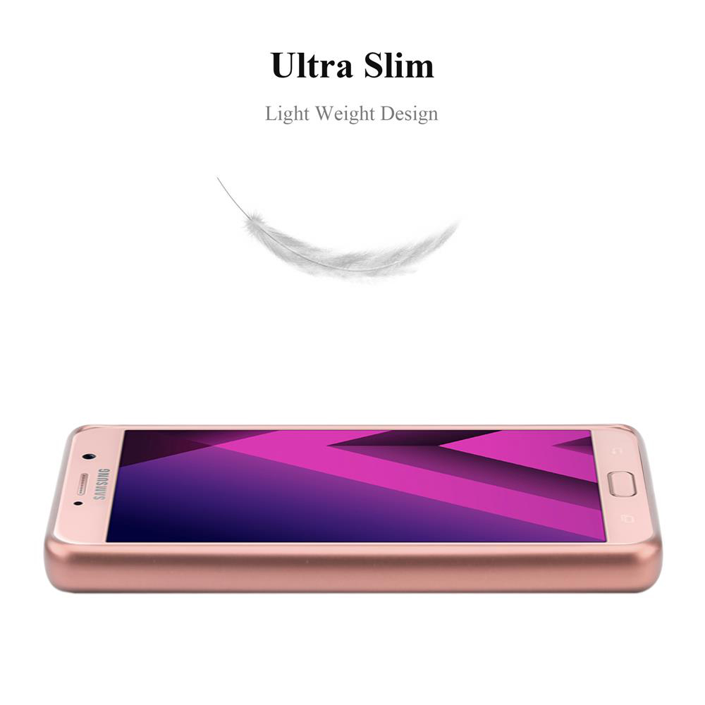 Ein roségoldenes Telefon in einer passenden Hülle, horizontal gehalten. Eine Feder schwebt über dem Telefon.