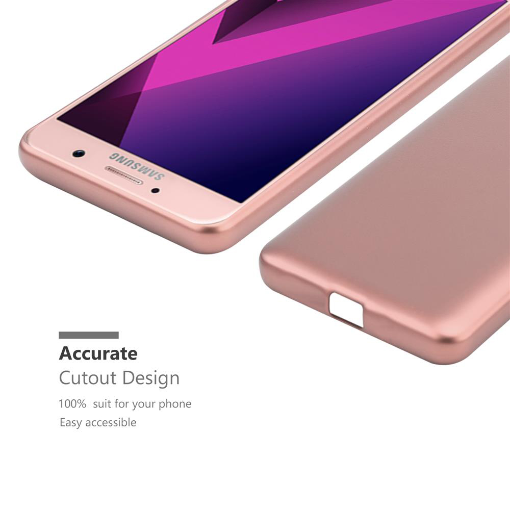 Rosafarbenes Telefon mit roségoldfarbener Hülle, zeigt den Bildschirm.