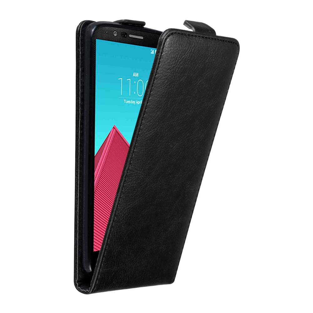 Funda negra para teléfono con el teléfono dentro. La funda está abierta.
