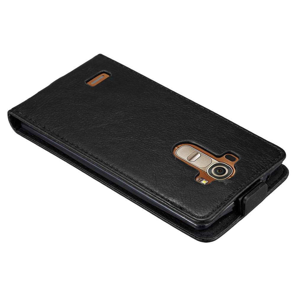 Funda de teléfono de cuero negro con teléfono dentro, mostrando la parte trasera del teléfono.