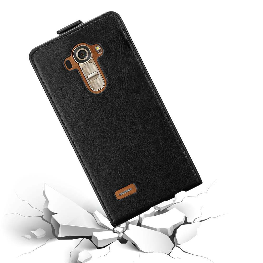 Funda de teléfono negra, vista en ángulo, que muestra el teléfono y una superficie blanca agrietada debajo.