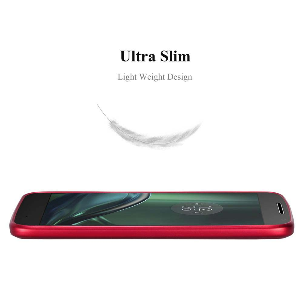 Teléfono rojo ultra delgado, tumbado plano. Un gráfico de pluma flota sobre el teléfono, sugiriendo un diseño ligero.