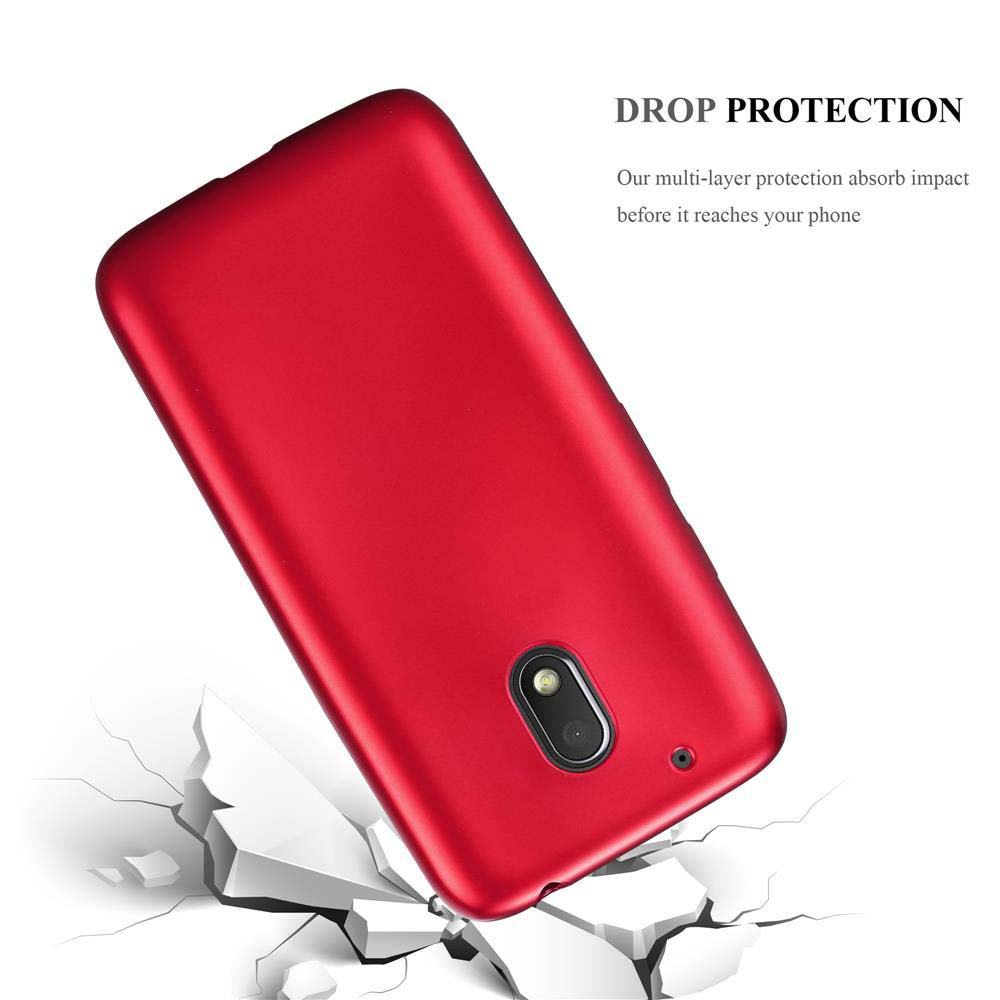 Funda roja para teléfono, escena de impacto de caída. Fondo blanco.