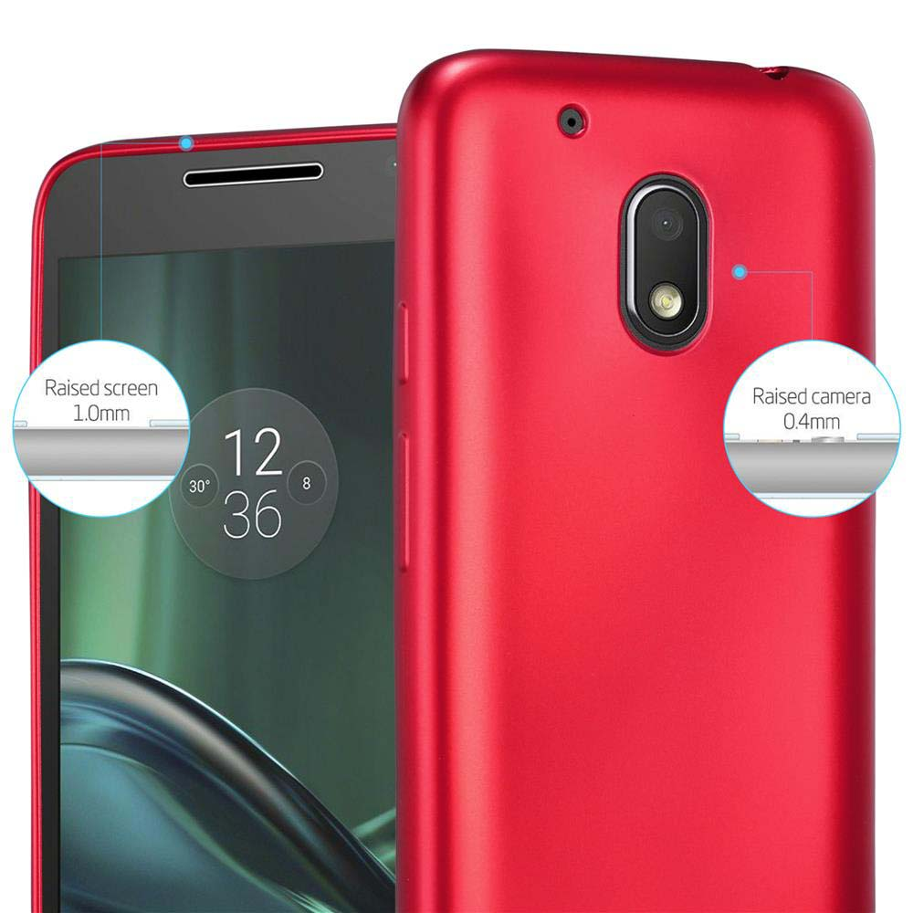 Funda roja, con pantalla y cámara elevadas, mostrando detalles del teléfono.