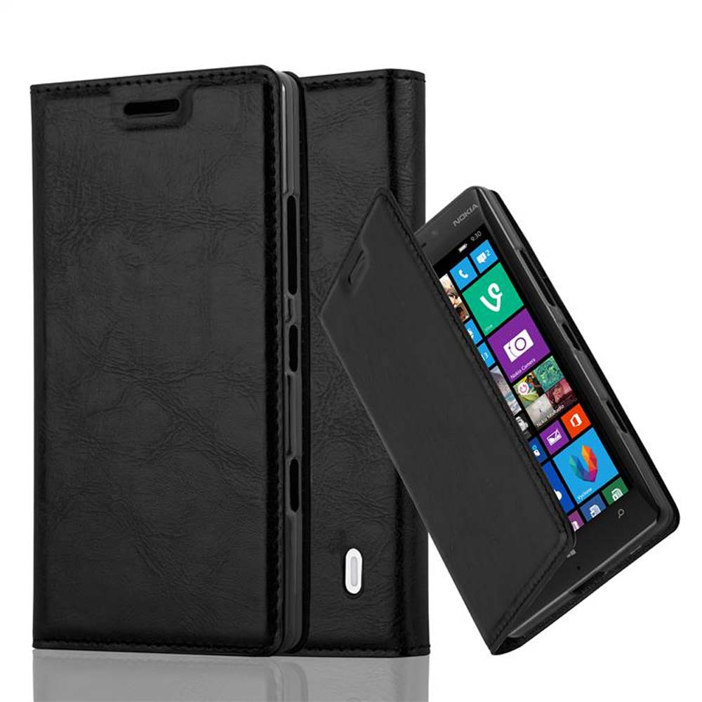 Una funda negra tipo cartera para teléfono, abierta, mostrando una pantalla con iconos.
