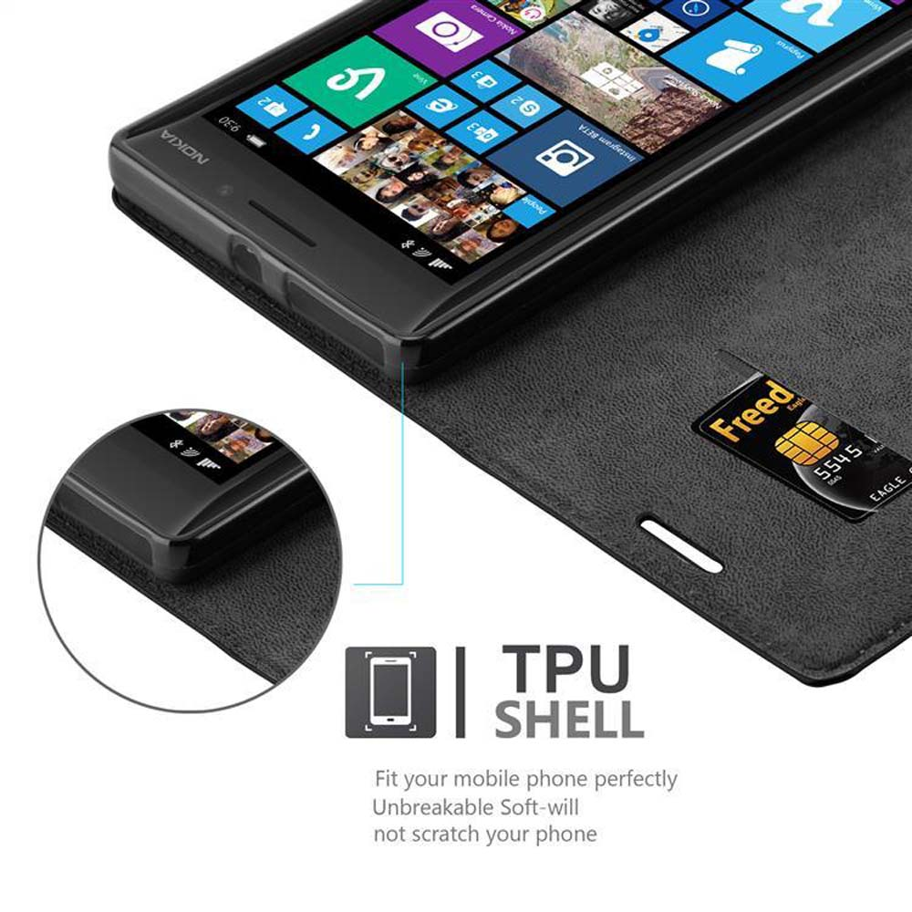 Teléfono negro con funda. La funda se abre para revelar el teléfono. Tarjeta de crédito visible.