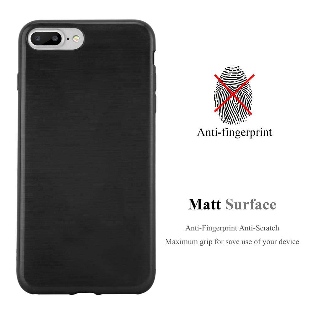 Una funda negra para teléfono. Texto: 'Anti-huellas' y 'Superficie mate'. Fondo blanco.