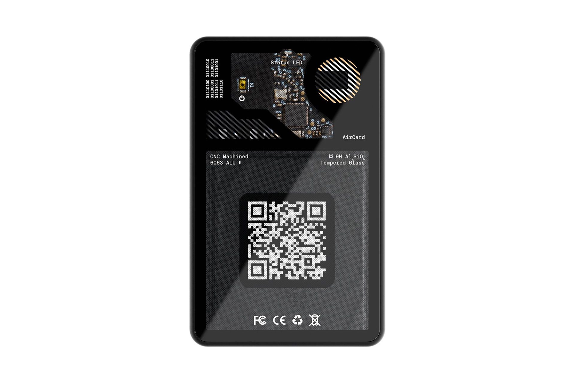 Een zwarte rechthoek met QR-code en tekst. Het is een tech-product met een zichtbare printplaat.