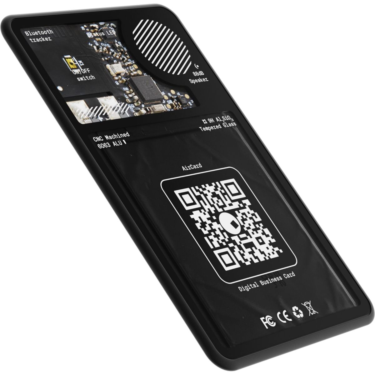 Zwarte visitekaart met QR-code en elektronische componenten op een witte achtergrond.