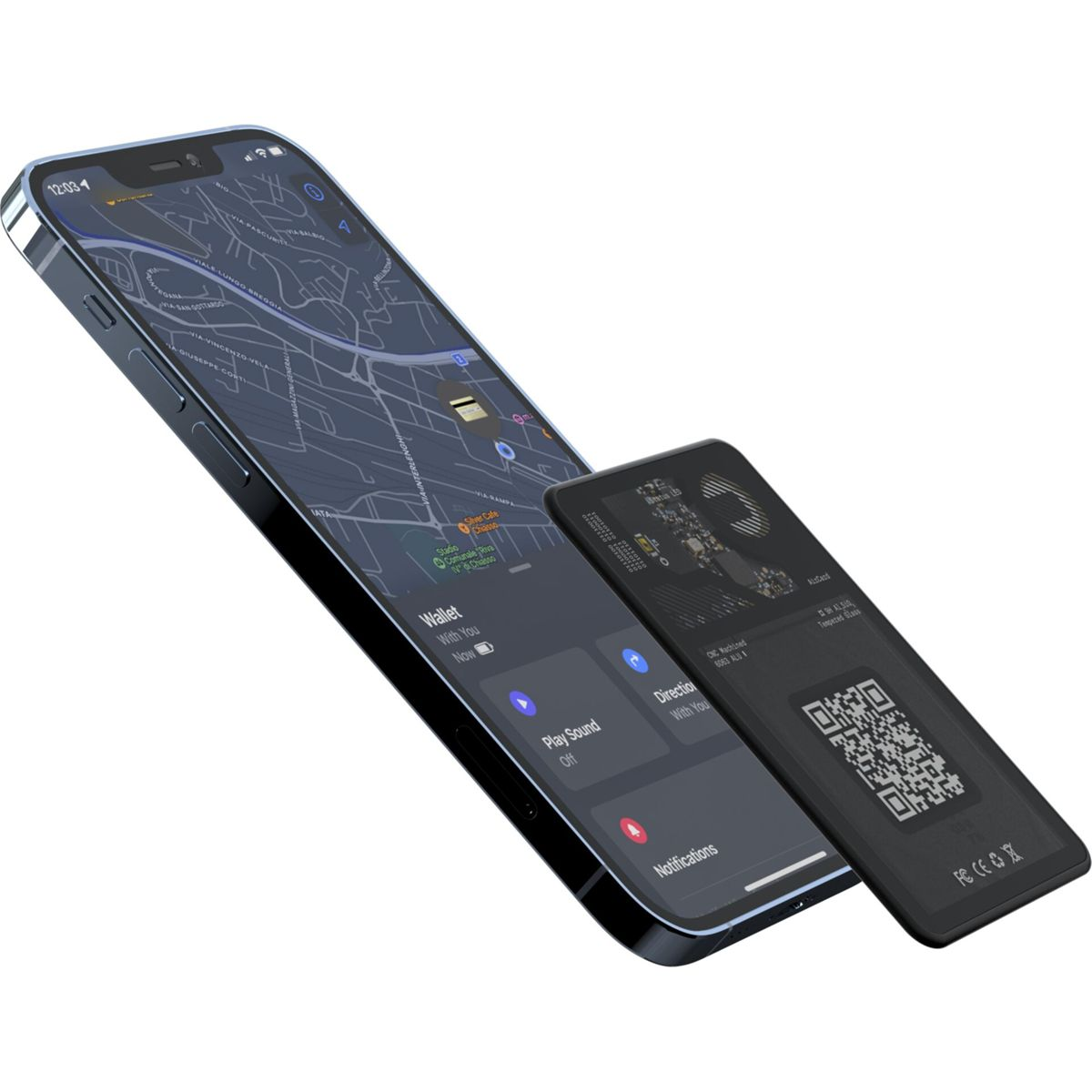 Zwarte telefoon met een kaart-app en een zwarte kaart aan de zijkant.