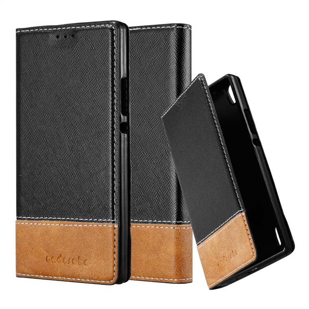 Funda negra y marrón para teléfono. El teléfono está dentro. La funda está abierta.