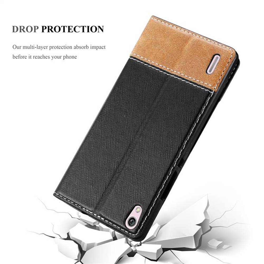 Funda negra con parte superior de cuero marrón. Protección contra caídas.