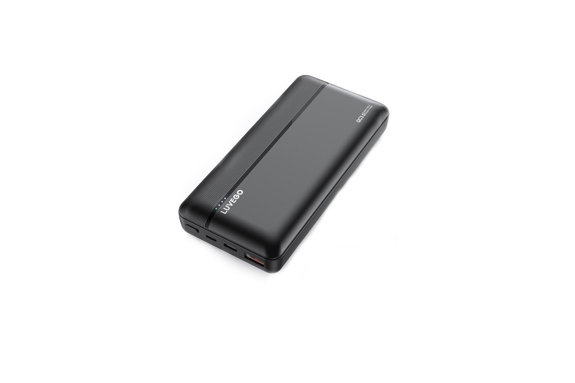 Eine schwarze Powerbank mit einer dunkelgrauen Linie.