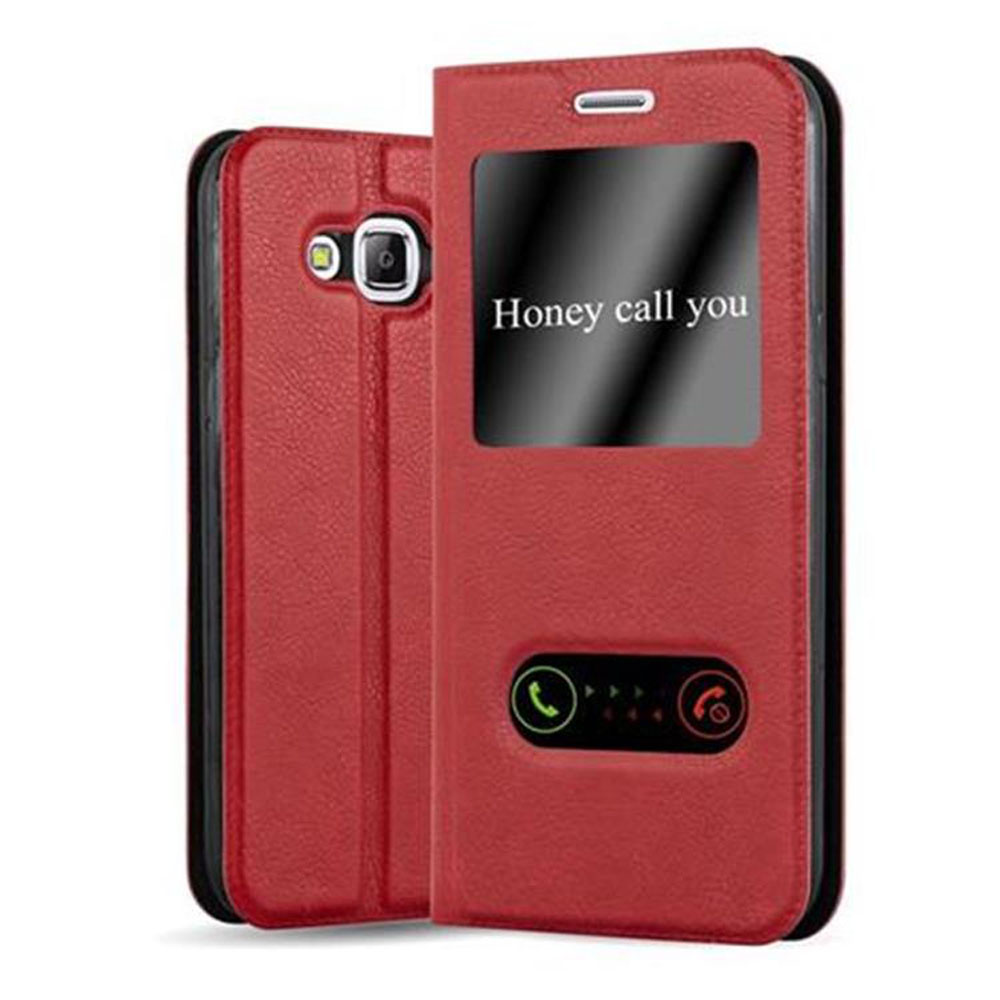 Custodia rossa per telefono con testo: "Honey call you". Aperta, con schermo visibile. Sfondo bianco.