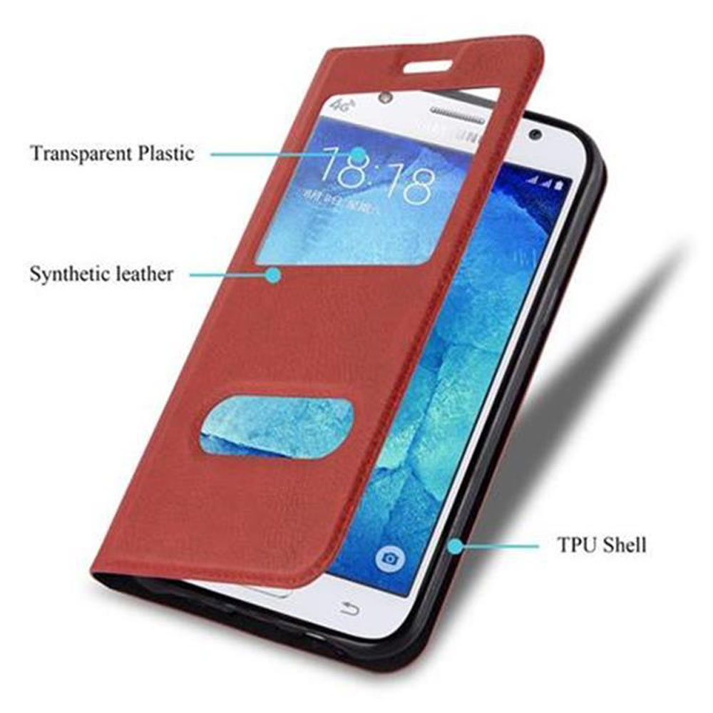 Un telefono in una custodia a portafoglio rossa, lo schermo del telefono è visibile. Mostra plastica trasparente.