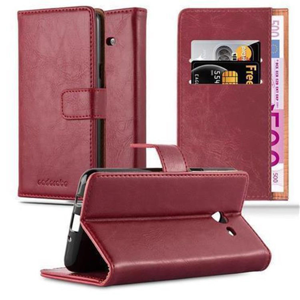 Funda de teléfono de cuero rojo, con ranuras para tarjetas y cierre magnético. El teléfono es visible dentro.