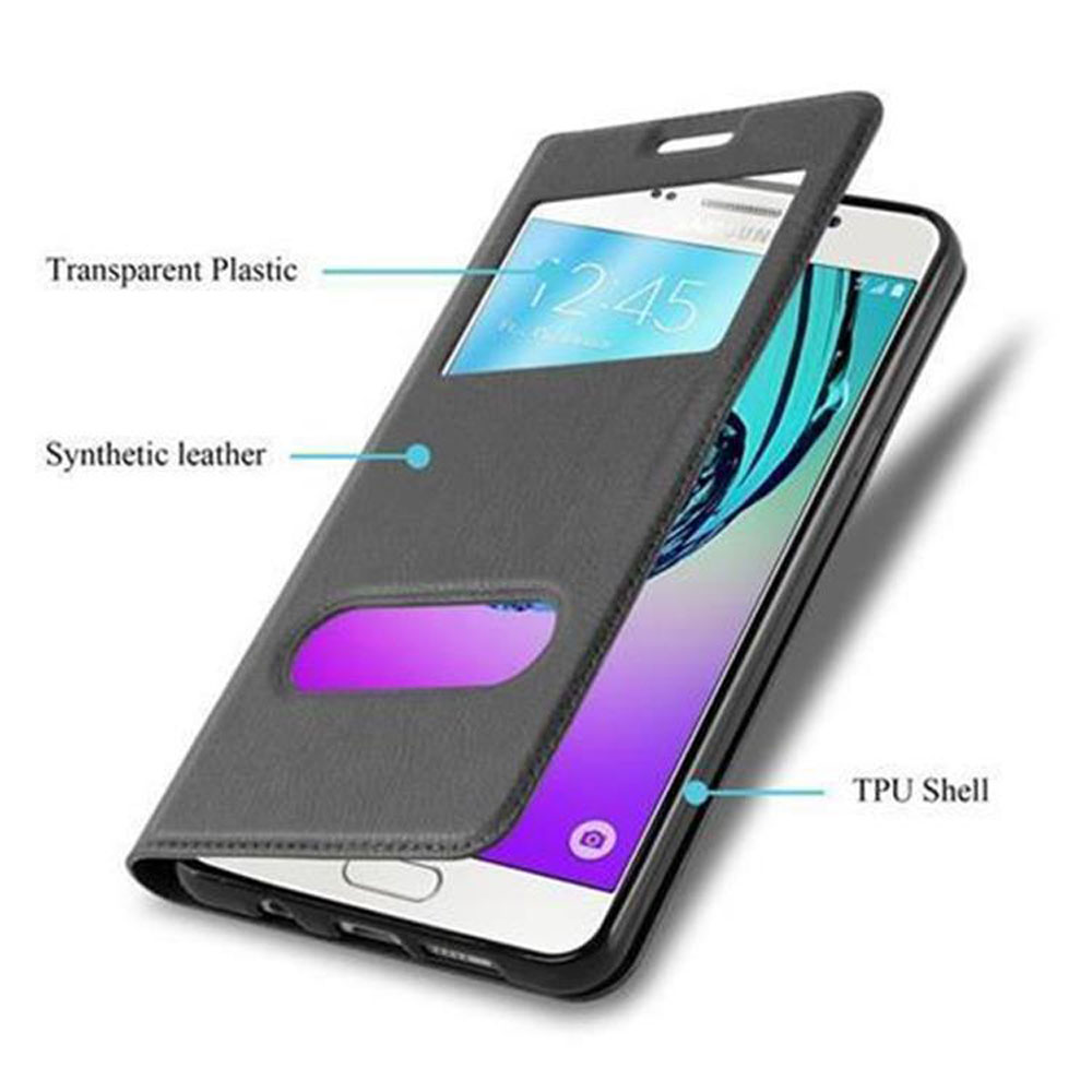 Un teléfono con una funda que se abre. Fondo blanco.