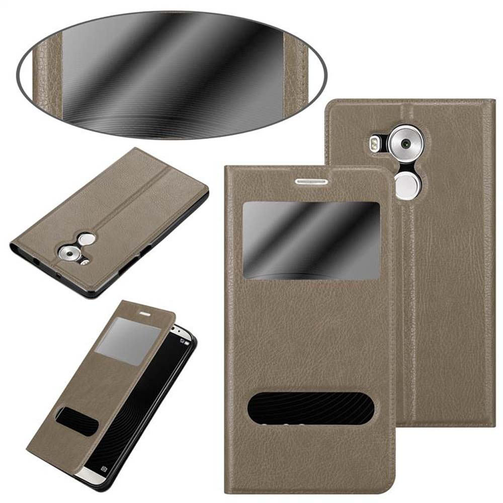 Telefono e accessori. Diverse viste di una custodia marrone con ritagli per finestre.