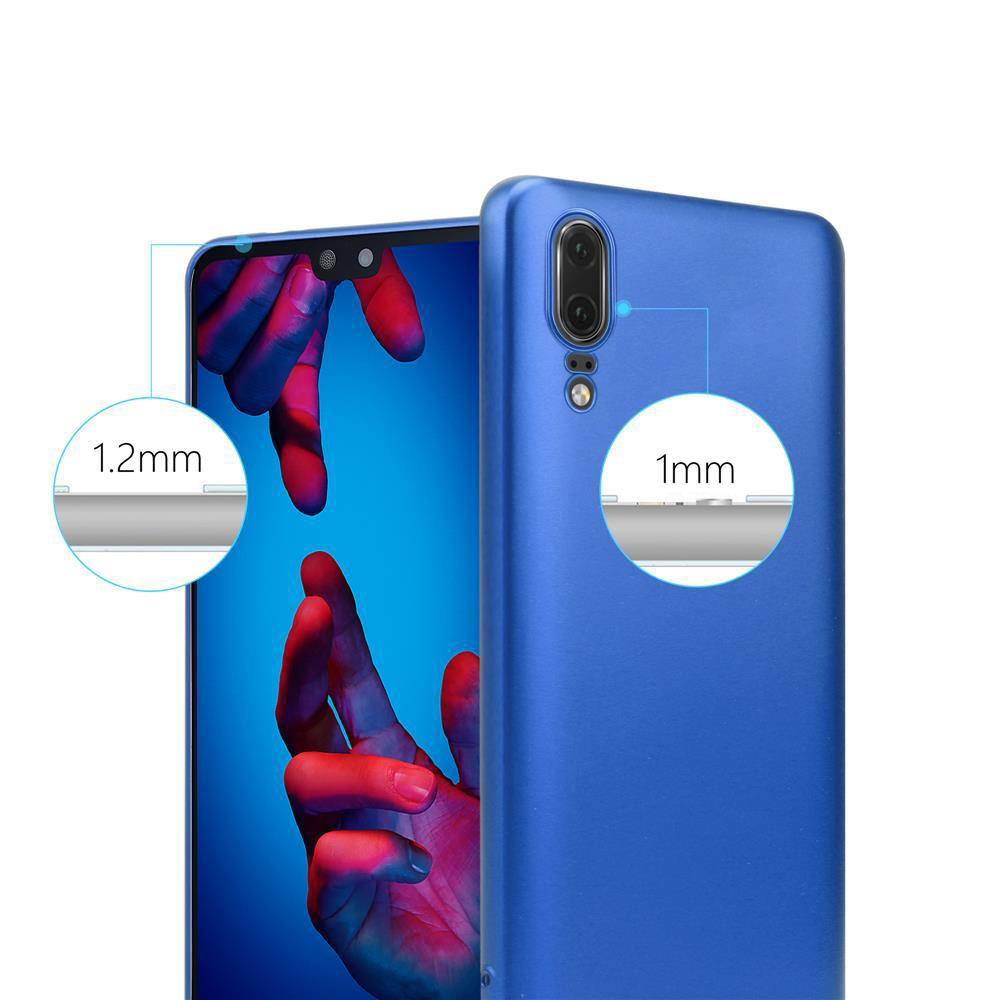 Blaue Handyhülle mit Telefon. Detail: erhöhter Bildschirmschutz 1,2 mm und erhöhter Kameraschutz 1 mm.
